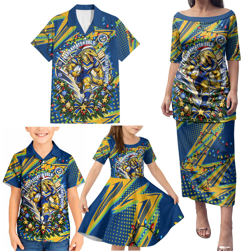 Personalized Parramatta Eels Rugby Christmas Family Matching Puletasi and Hawaiian Shirt Holiday Mascot Graphic Art Festive Lights Bow