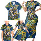 Personalized Parramatta Eels Rugby Christmas Family Matching Short Sleeve Bodycon Dress and Hawaiian Shirt Holiday Mascot Graphic Art Festive Lights Bow