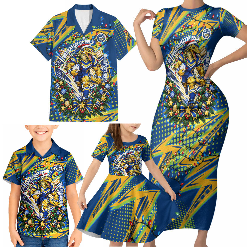 Personalized Parramatta Eels Rugby Christmas Family Matching Short Sleeve Bodycon Dress and Hawaiian Shirt Holiday Mascot Graphic Art Festive Lights Bow
