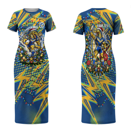 Personalized Parramatta Eels Rugby Christmas Family Matching Short Sleeve Bodycon Dress and Hawaiian Shirt Holiday Mascot Graphic Art Festive Lights Bow