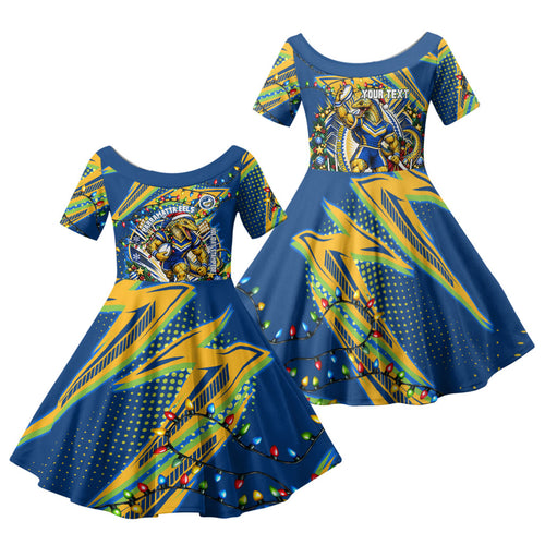 Personalized Parramatta Eels Rugby Christmas Family Matching Short Sleeve Bodycon Dress and Hawaiian Shirt Holiday Mascot Graphic Art Festive Lights Bow
