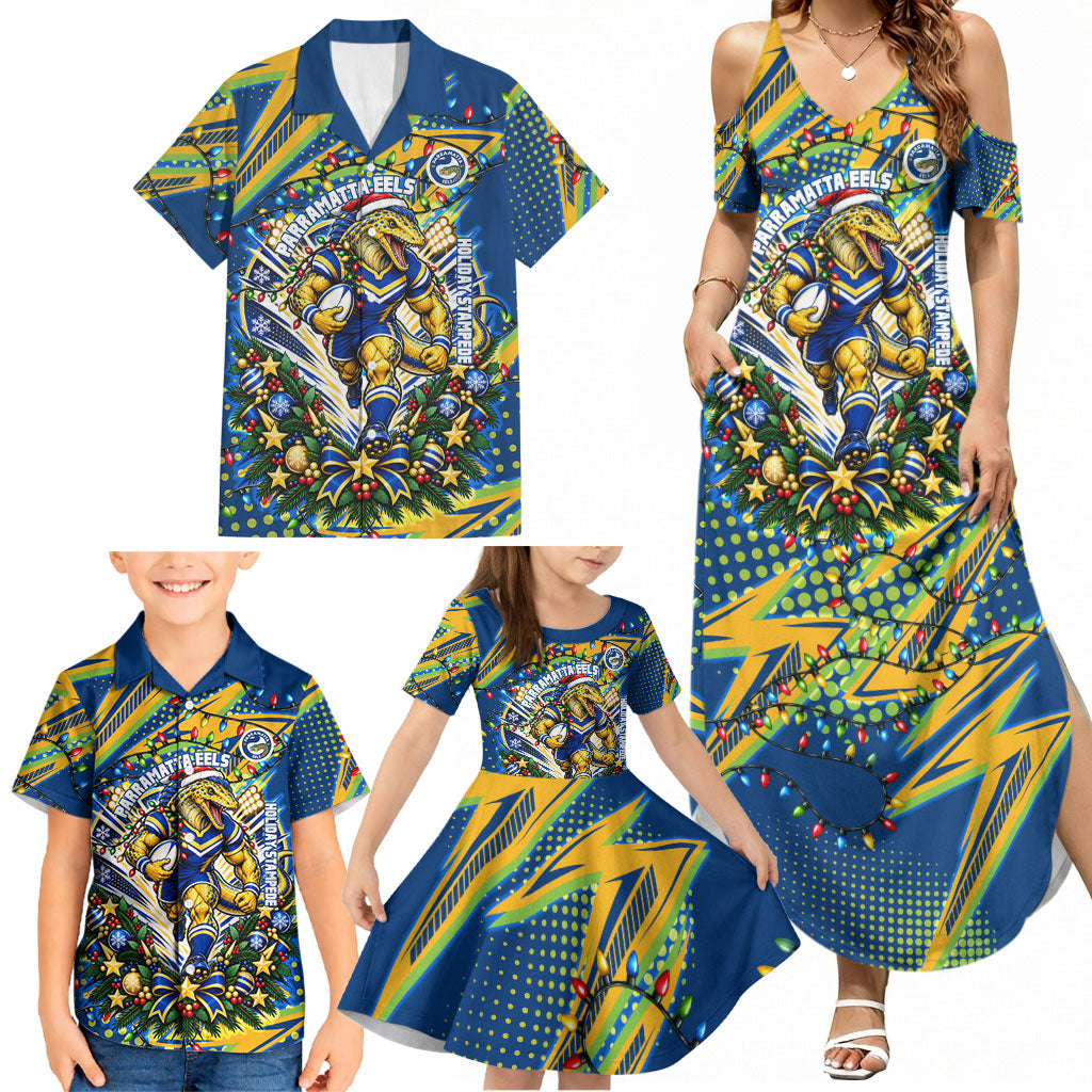 Personalized Parramatta Eels Rugby Christmas Family Matching Summer Maxi Dress and Hawaiian Shirt Holiday Mascot Graphic Art Festive Lights Bow
