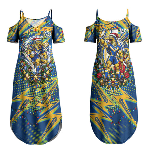 Personalized Parramatta Eels Rugby Christmas Family Matching Summer Maxi Dress and Hawaiian Shirt Holiday Mascot Graphic Art Festive Lights Bow