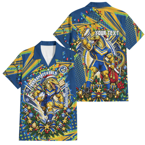 Personalized Parramatta Eels Rugby Christmas Family Matching Summer Maxi Dress and Hawaiian Shirt Holiday Mascot Graphic Art Festive Lights Bow