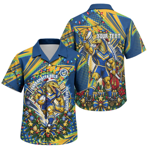 Personalized Parramatta Eels Rugby Christmas Family Matching Summer Maxi Dress and Hawaiian Shirt Holiday Mascot Graphic Art Festive Lights Bow