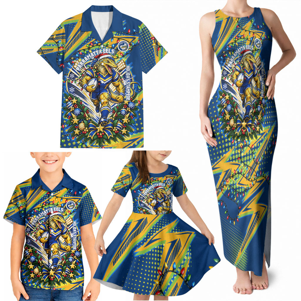 Personalized Parramatta Eels Rugby Christmas Family Matching Tank Maxi Dress and Hawaiian Shirt Holiday Mascot Graphic Art Festive Lights Bow
