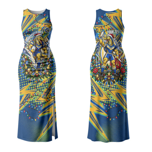 Personalized Parramatta Eels Rugby Christmas Family Matching Tank Maxi Dress and Hawaiian Shirt Holiday Mascot Graphic Art Festive Lights Bow