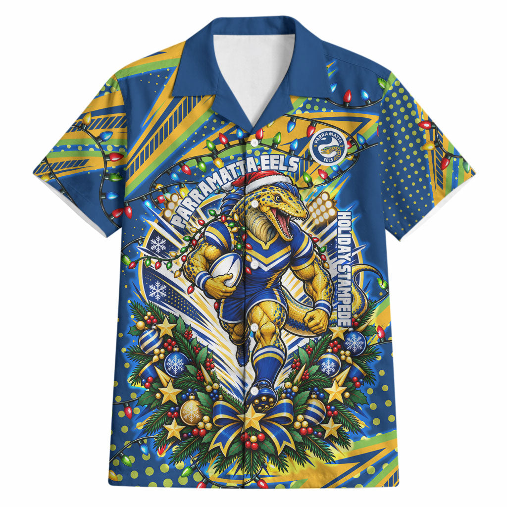 Personalized Parramatta Eels Rugby Christmas Hawaiian Shirt Holiday Mascot Graphic Art Festive Lights Bow