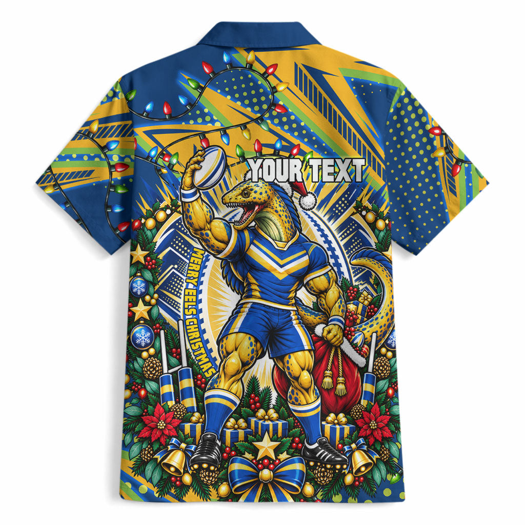 Personalized Parramatta Eels Rugby Christmas Hawaiian Shirt Holiday Mascot Graphic Art Festive Lights Bow