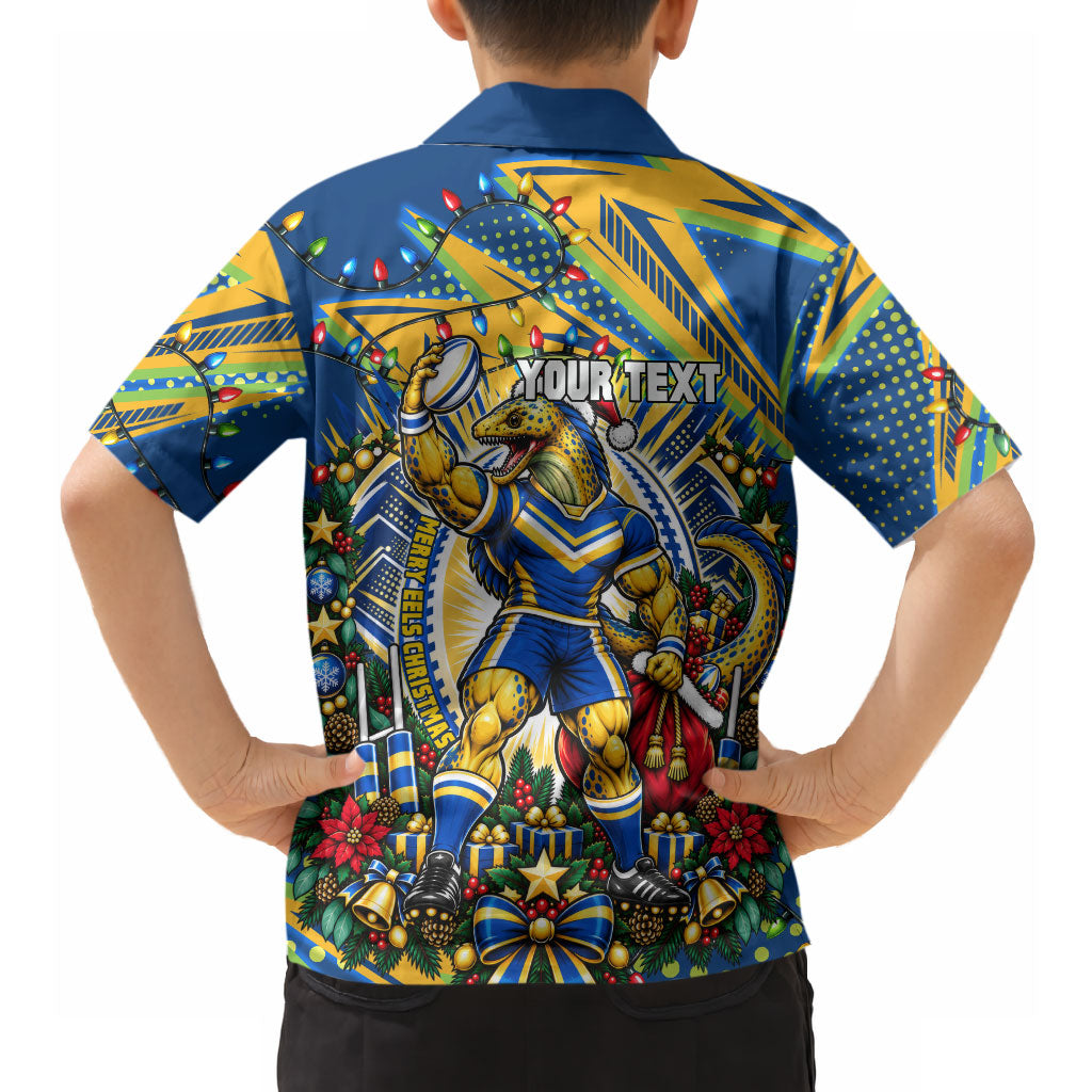 Personalized Parramatta Eels Rugby Christmas Hawaiian Shirt Holiday Mascot Graphic Art Festive Lights Bow