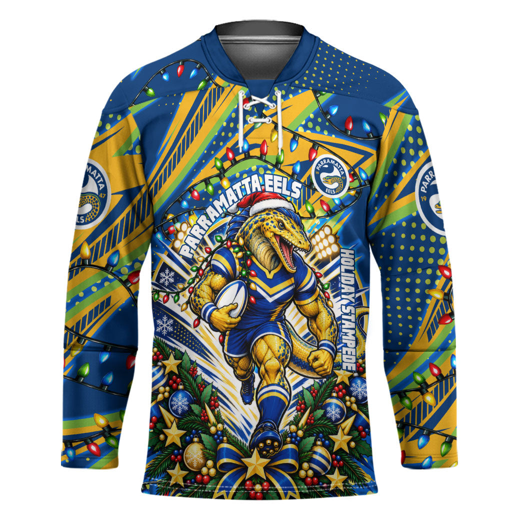 Personalized Parramatta Eels Rugby Christmas Hockey Jersey Holiday Mascot Graphic Art Festive Lights Bow