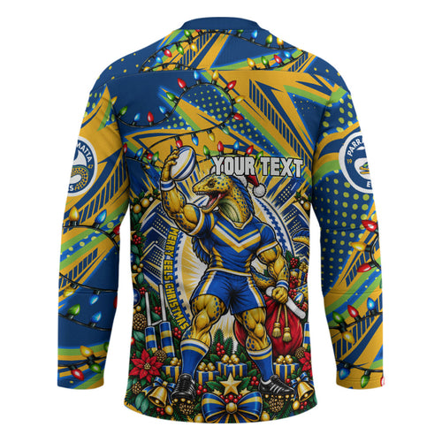 Personalized Parramatta Eels Rugby Christmas Hockey Jersey Holiday Mascot Graphic Art Festive Lights Bow