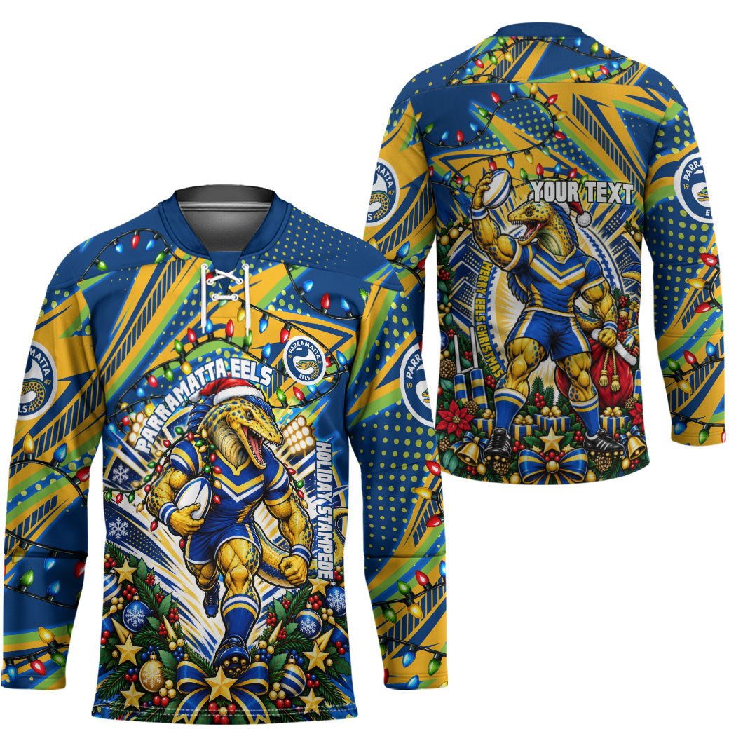Personalized Parramatta Eels Rugby Christmas Hockey Jersey Holiday Mascot Graphic Art Festive Lights Bow