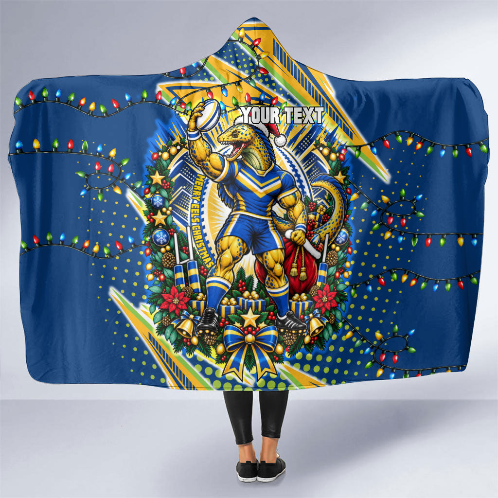 Personalized Parramatta Eels Rugby Christmas Hooded Blanket Holiday Mascot Graphic Art Festive Lights Bow