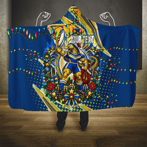 Personalized Parramatta Eels Rugby Christmas Hooded Blanket Holiday Mascot Graphic Art Festive Lights Bow