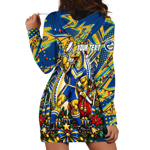 Personalized Parramatta Eels Rugby Christmas Hoodie Dress Holiday Mascot Graphic Art Festive Lights Bow