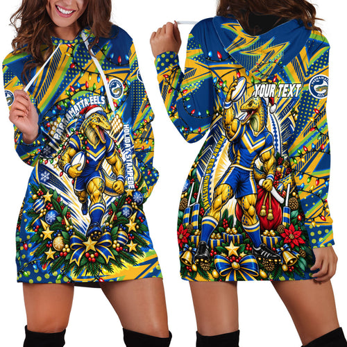 Personalized Parramatta Eels Rugby Christmas Hoodie Dress Holiday Mascot Graphic Art Festive Lights Bow