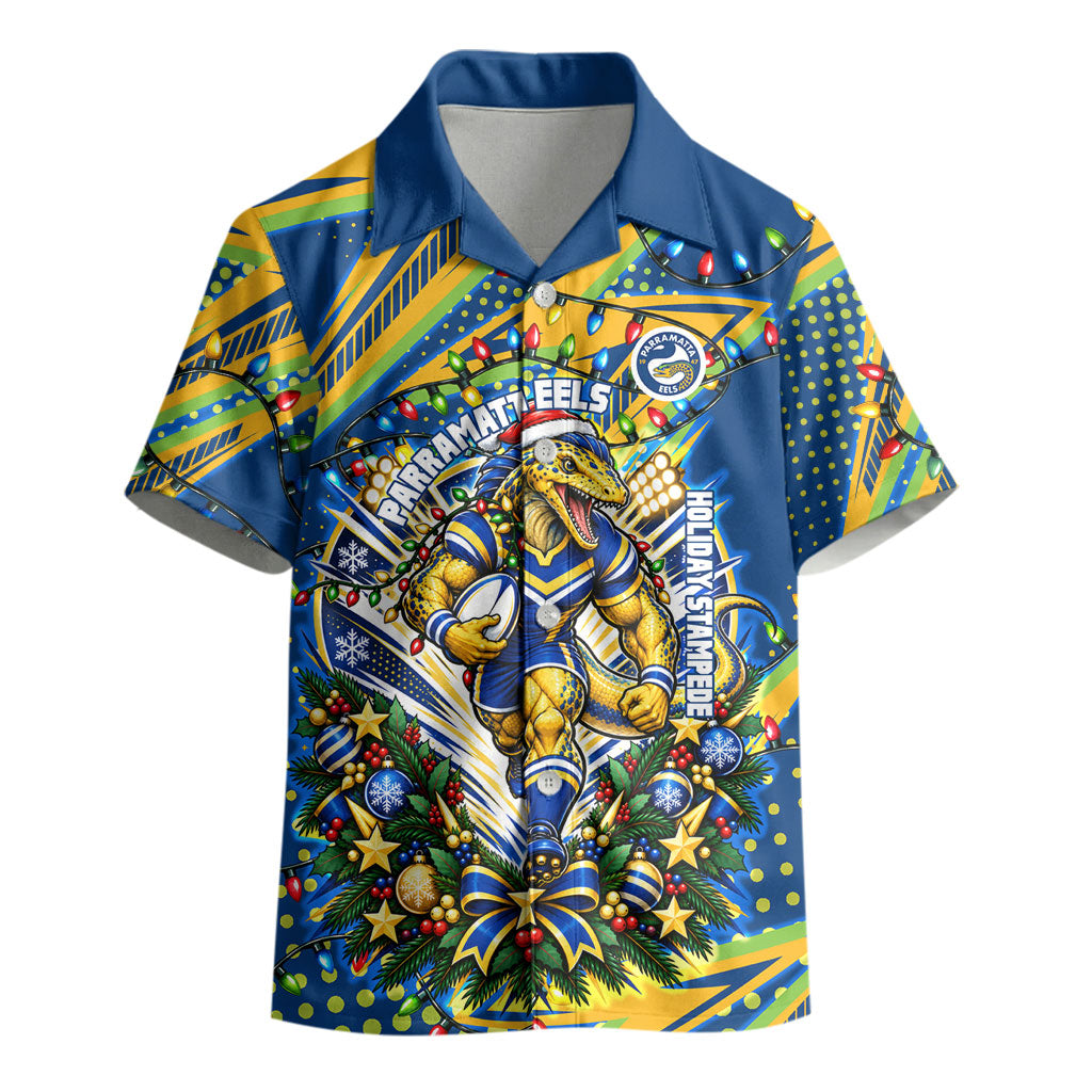 Personalized Parramatta Eels Rugby Christmas Kid Hawaiian Shirt Holiday Mascot Graphic Art Festive Lights Bow