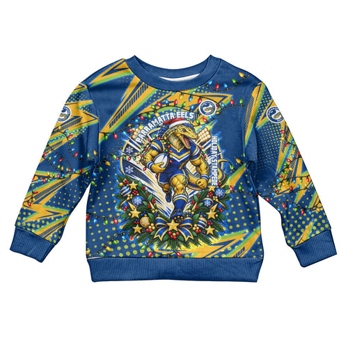 Personalized Parramatta Eels Rugby Christmas Kid Ugly Christmas Sweater Holiday Mascot Graphic Art Festive Lights Bow