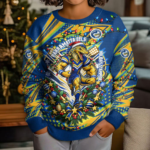 Personalized Parramatta Eels Rugby Christmas Kid Ugly Christmas Sweater Holiday Mascot Graphic Art Festive Lights Bow