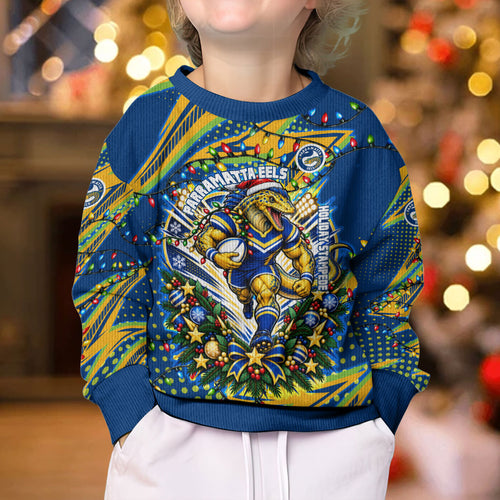 Personalized Parramatta Eels Rugby Christmas Kid Ugly Christmas Sweater Holiday Mascot Graphic Art Festive Lights Bow