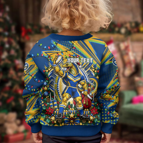 Personalized Parramatta Eels Rugby Christmas Kid Ugly Christmas Sweater Holiday Mascot Graphic Art Festive Lights Bow
