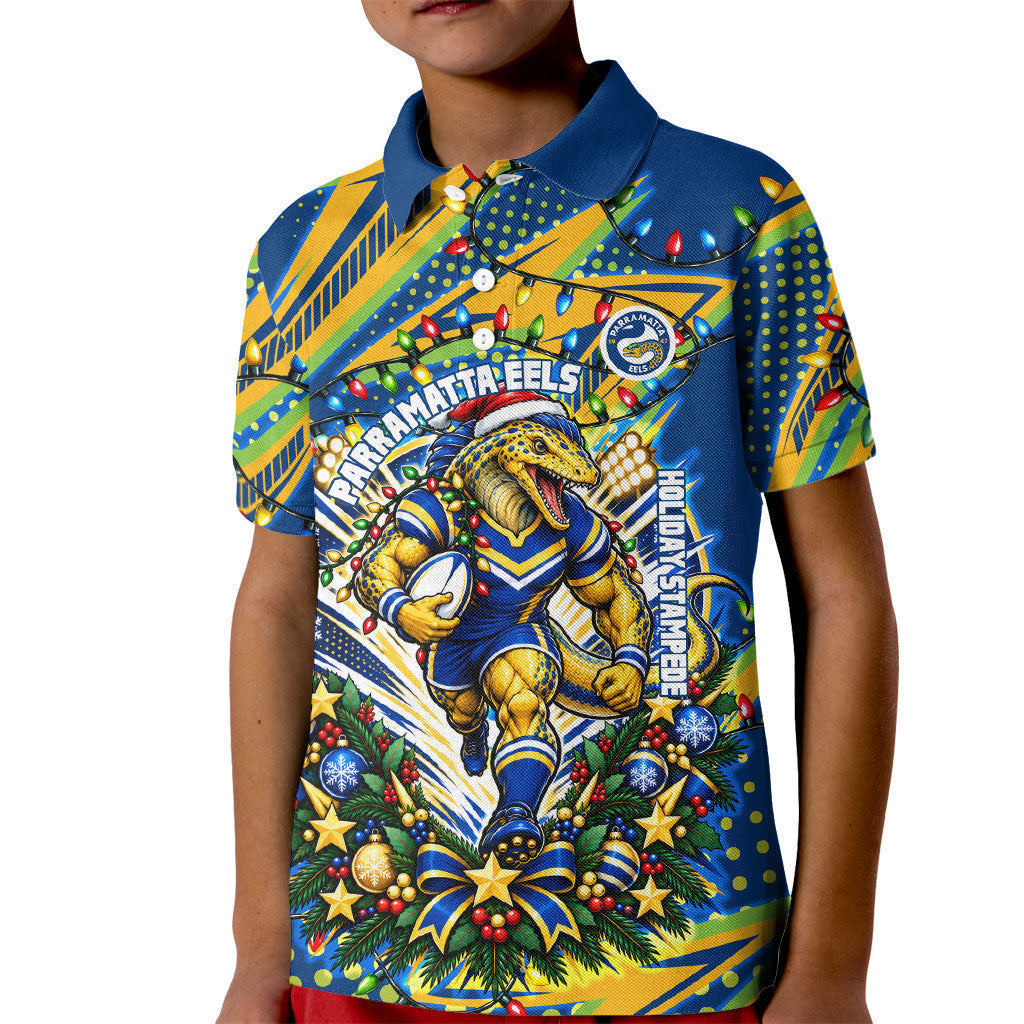 Personalized Parramatta Eels Rugby Christmas Kid Polo Shirt Holiday Mascot Graphic Art Festive Lights Bow