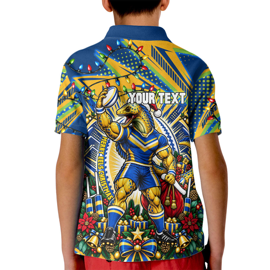 Personalized Parramatta Eels Rugby Christmas Kid Polo Shirt Holiday Mascot Graphic Art Festive Lights Bow