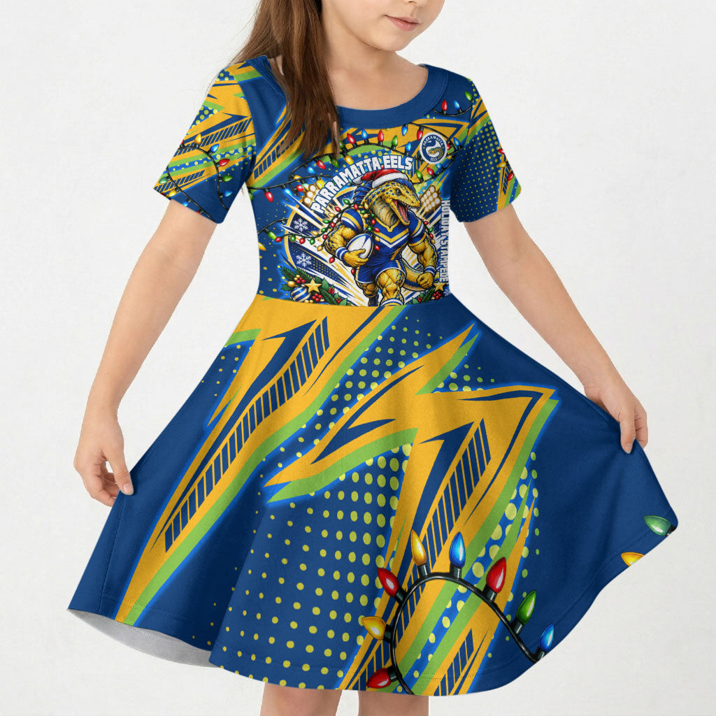 Personalized Parramatta Eels Rugby Christmas Kid Short Sleeve Dress Holiday Mascot Graphic Art Festive Lights Bow