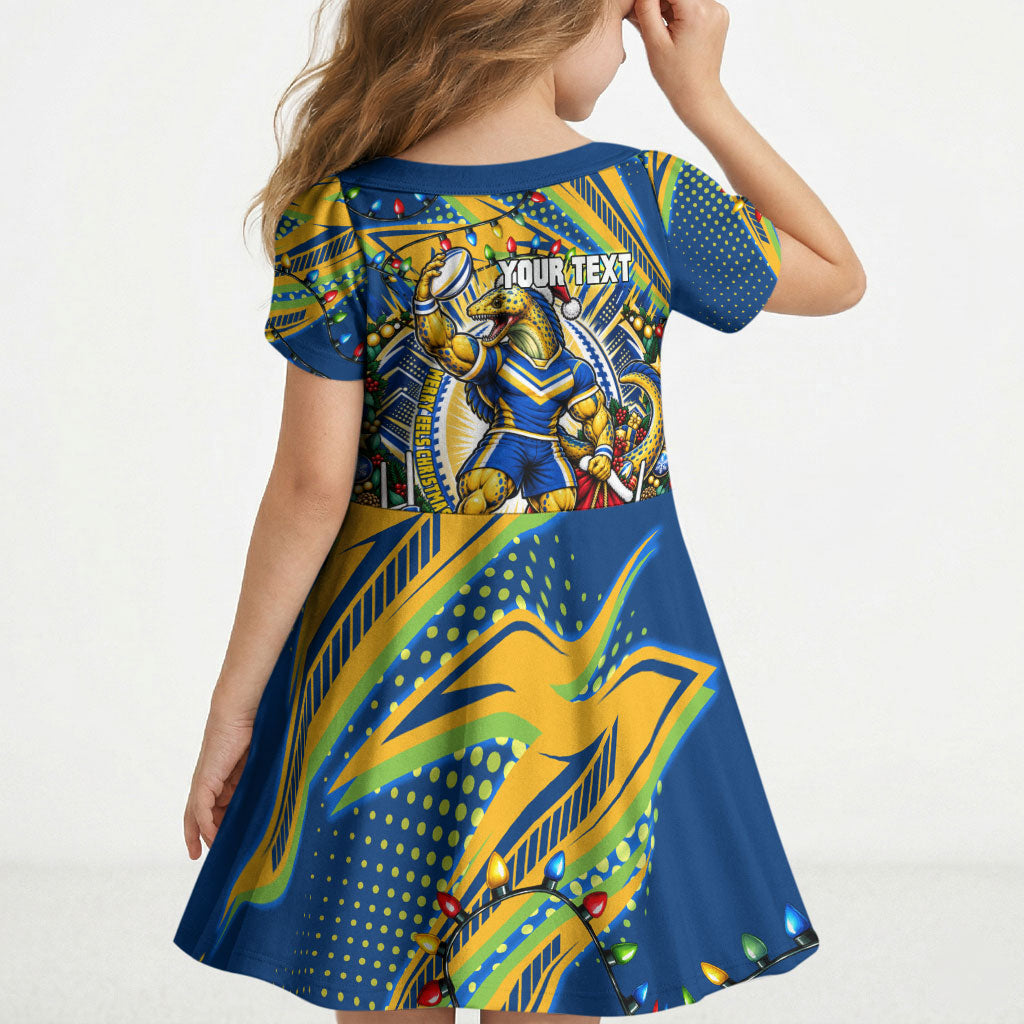 Personalized Parramatta Eels Rugby Christmas Kid Short Sleeve Dress Holiday Mascot Graphic Art Festive Lights Bow