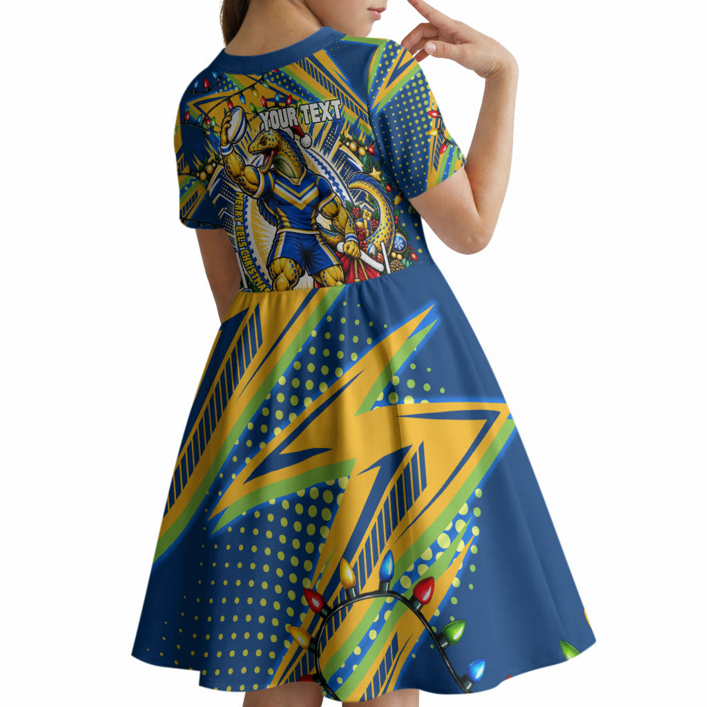 Personalized Parramatta Eels Rugby Christmas Kid Short Sleeve Dress Holiday Mascot Graphic Art Festive Lights Bow