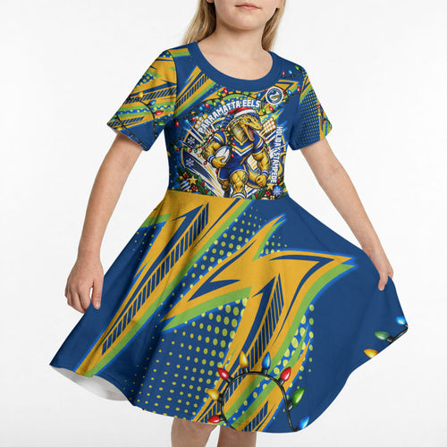 Personalized Parramatta Eels Rugby Christmas Kid Short Sleeve Dress Holiday Mascot Graphic Art Festive Lights Bow