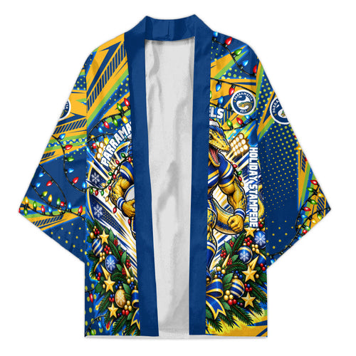 Personalized Parramatta Eels Rugby Christmas Kimono Holiday Mascot Graphic Art Festive Lights Bow