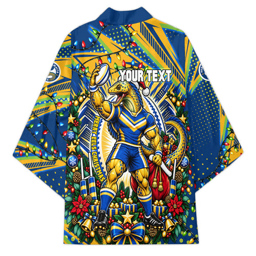 Personalized Parramatta Eels Rugby Christmas Kimono Holiday Mascot Graphic Art Festive Lights Bow