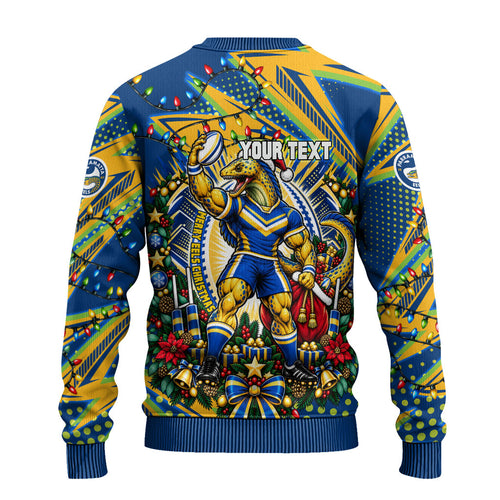 Personalized Parramatta Eels Rugby Christmas Ugly Christmas Sweater Holiday Mascot Graphic Art Festive Lights Bow
