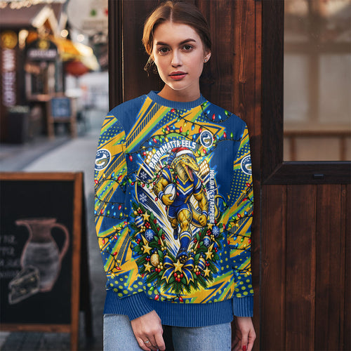 Personalized Parramatta Eels Rugby Christmas Ugly Christmas Sweater Holiday Mascot Graphic Art Festive Lights Bow
