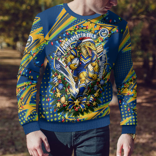Personalized Parramatta Eels Rugby Christmas Ugly Christmas Sweater Holiday Mascot Graphic Art Festive Lights Bow