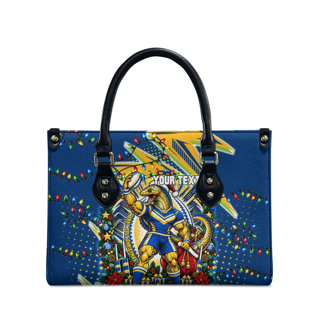 Personalized Parramatta Eels Rugby Christmas Leather Bag Holiday Mascot Graphic Art Festive Lights Bow