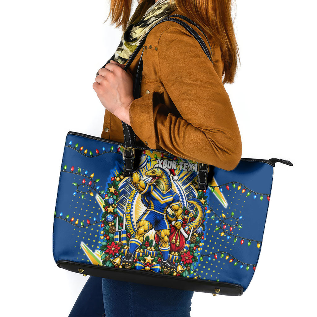 Personalized Parramatta Eels Rugby Christmas Leather Tote Bag Holiday Mascot Graphic Art Festive Lights Bow