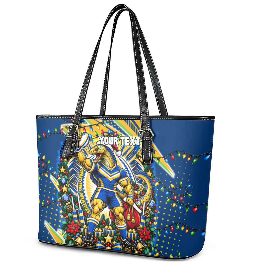 Personalized Parramatta Eels Rugby Christmas Leather Tote Bag Holiday Mascot Graphic Art Festive Lights Bow