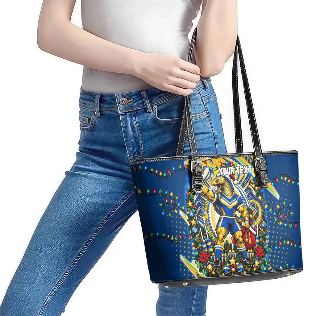 Personalized Parramatta Eels Rugby Christmas Leather Tote Bag Holiday Mascot Graphic Art Festive Lights Bow