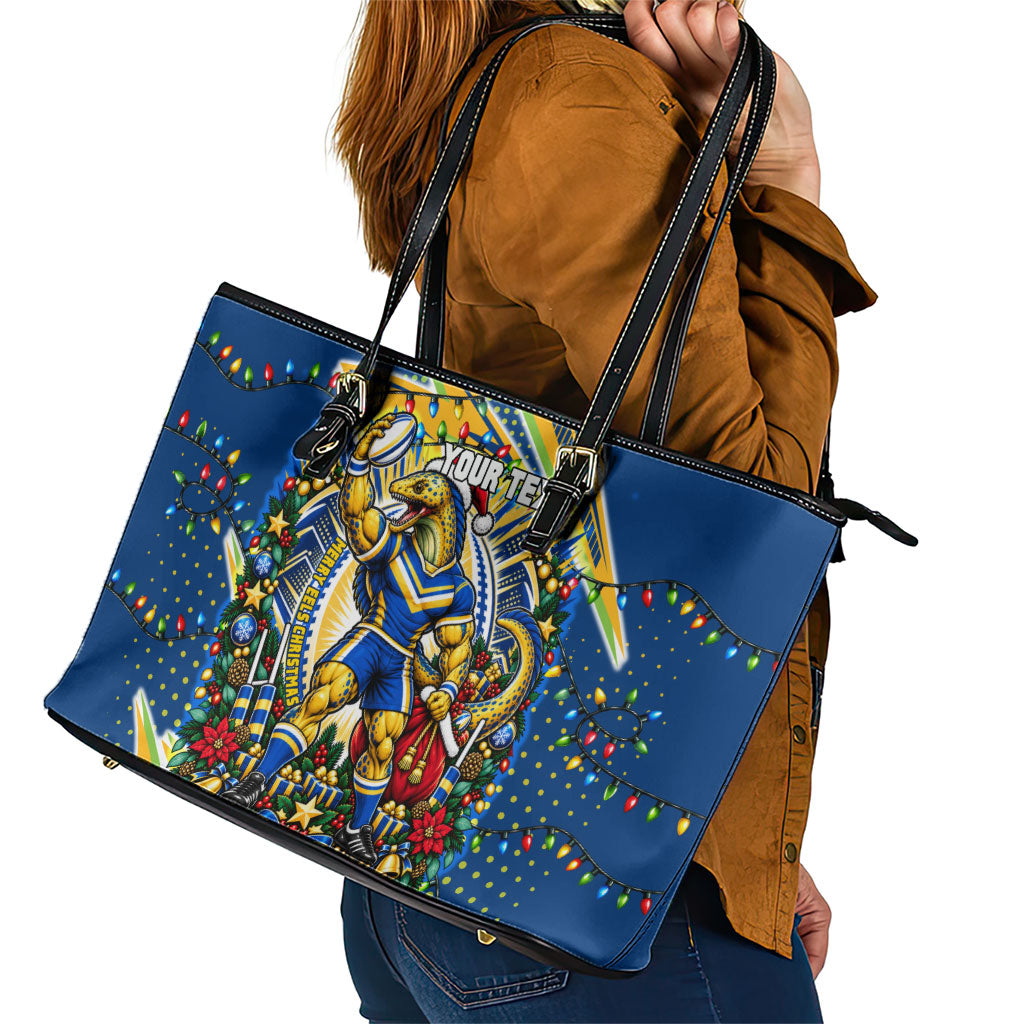 Personalized Parramatta Eels Rugby Christmas Leather Tote Bag Holiday Mascot Graphic Art Festive Lights Bow