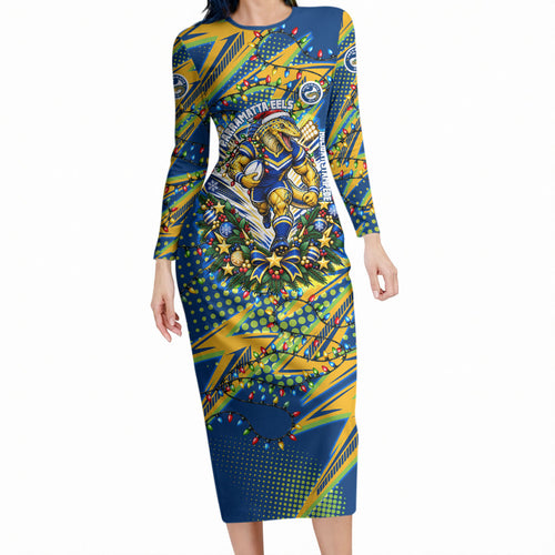 Personalized Parramatta Eels Rugby Christmas Long Sleeve Bodycon Dress Holiday Mascot Graphic Art Festive Lights Bow