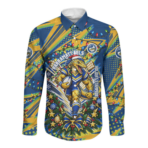 Personalized Parramatta Eels Rugby Christmas Long Sleeve Button Shirt Holiday Mascot Graphic Art Festive Lights Bow