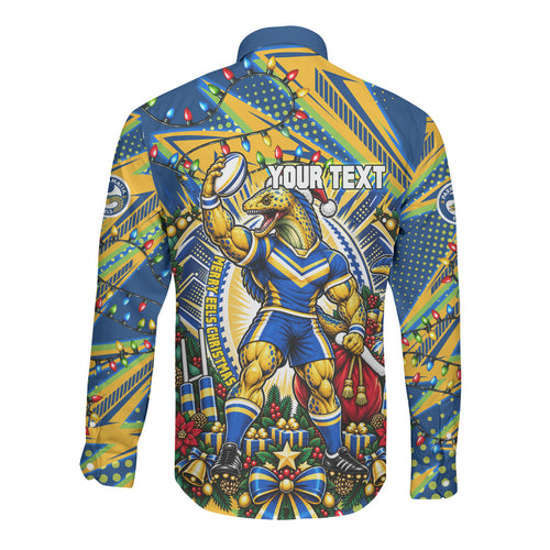 Personalized Parramatta Eels Rugby Christmas Long Sleeve Button Shirt Holiday Mascot Graphic Art Festive Lights Bow