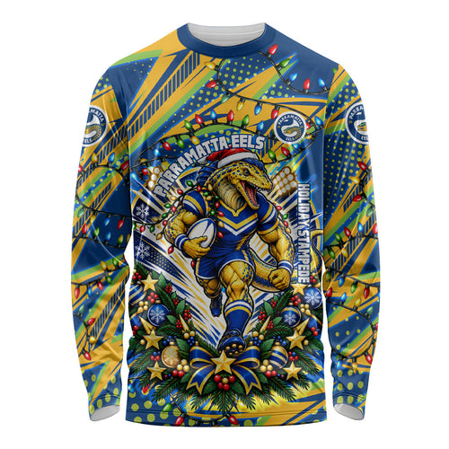 Personalized Parramatta Eels Rugby Christmas Long Sleeve Shirt Holiday Mascot Graphic Art Festive Lights Bow