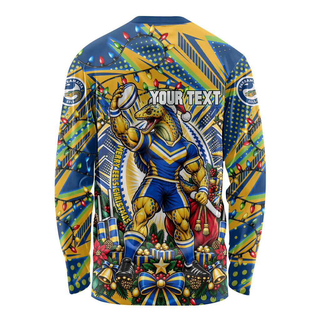 Personalized Parramatta Eels Rugby Christmas Long Sleeve Shirt Holiday Mascot Graphic Art Festive Lights Bow