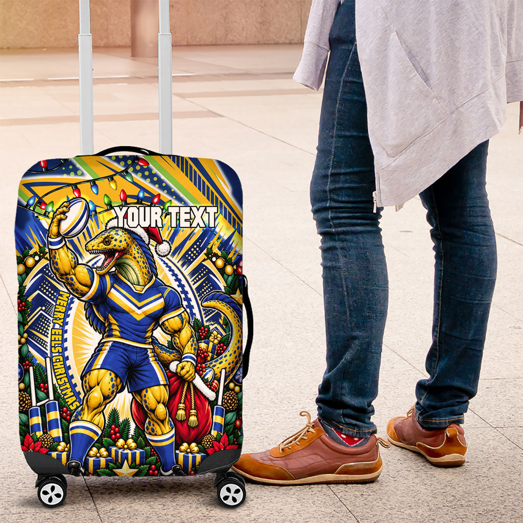 Personalized Parramatta Eels Rugby Christmas Luggage Cover Holiday Mascot Graphic Art Festive Lights Bow