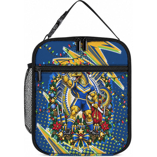 Personalized Parramatta Eels Rugby Christmas Lunch Bag Holiday Mascot Graphic Art Festive Lights Bow
