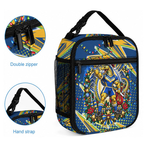 Personalized Parramatta Eels Rugby Christmas Lunch Bag Holiday Mascot Graphic Art Festive Lights Bow